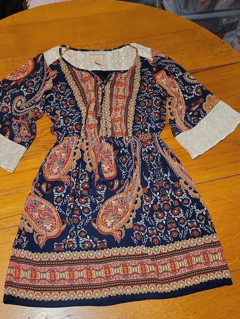 Flying Tomato Navy Paisley Lace-Trim Mini Dress